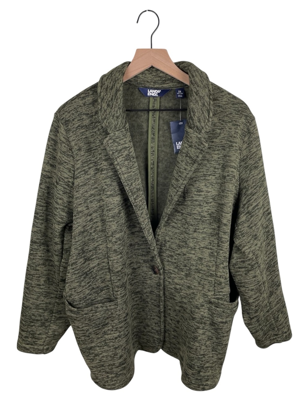 NEW Lands' End Fleece Sweater Blazer Size 2X Heathered Olive Green Fall Preppy